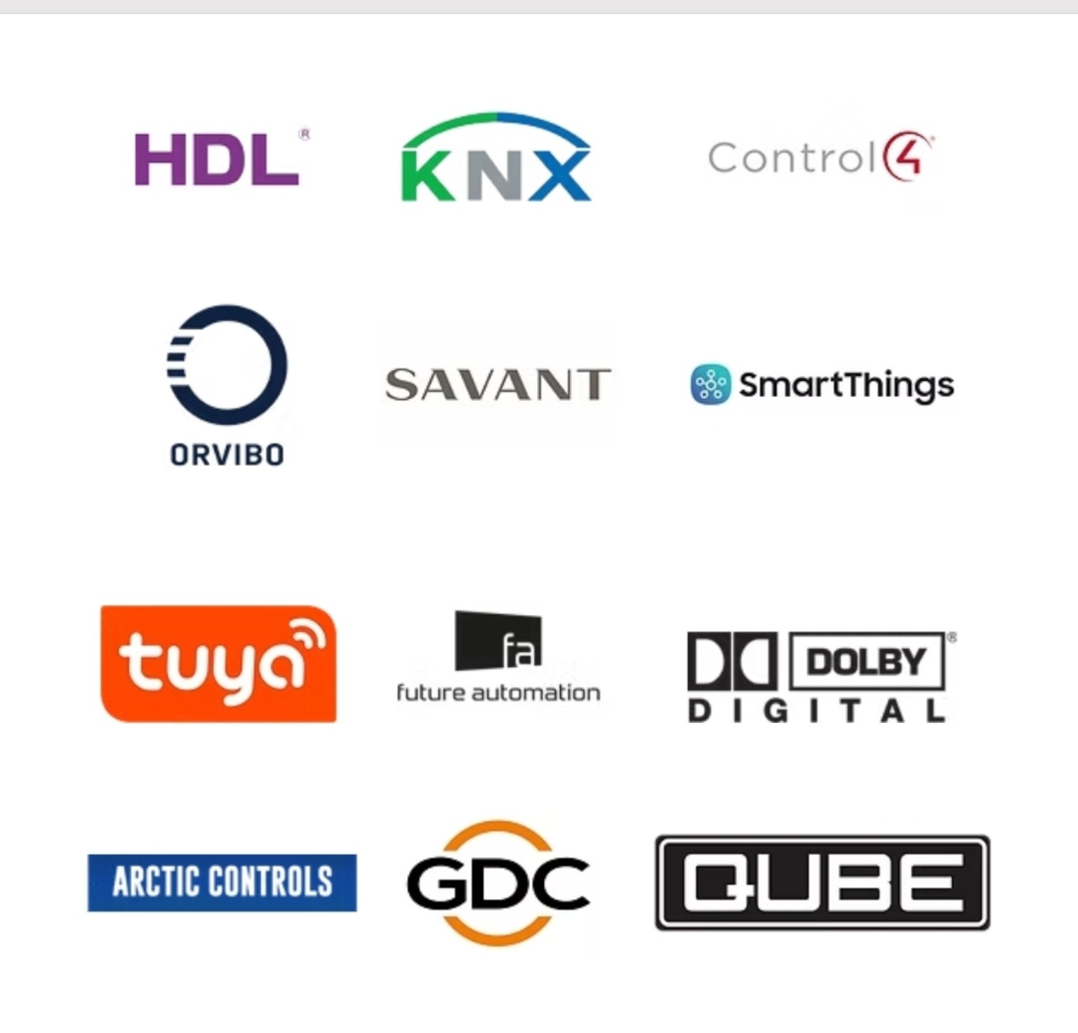 Technology partners: HDL, KNX, Control4, ORVIBO, Savant, SmartThings, Tuya, Future Automation, Dolby Digital, Arctic Controls, GDC and QUBE